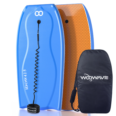 Een lichtgewicht bodyboard met lijn, 22,5 inch breed, 3,95 lbs gewicht.