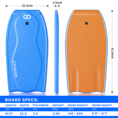 Een lichtgewicht bodyboard met lijn, 22,5 inch breed, 3,95 lbs gewicht.