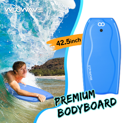 Een lichtgewicht bodyboard met lijn, 22,5 inch breed, 3,95 lbs gewicht.